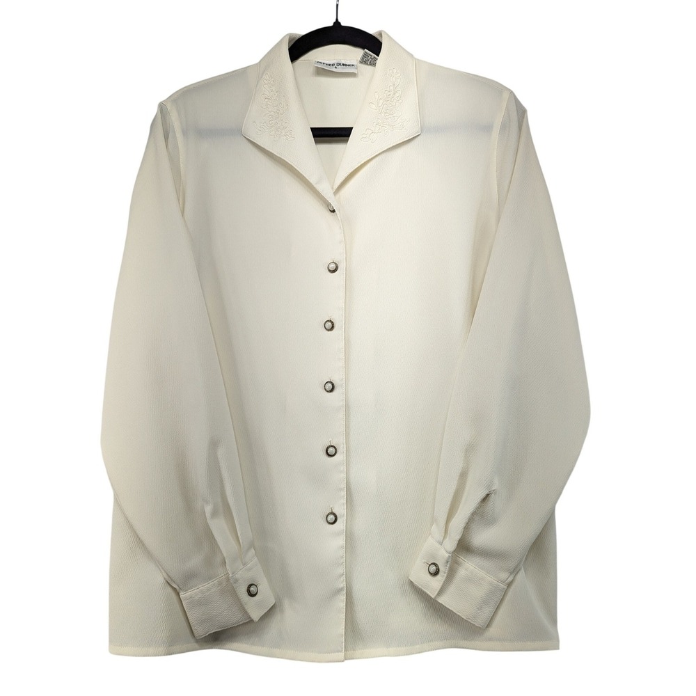 Alfred Dunner Ivory Textured Embroidered Collar Button Down Blouse Womens Size 8